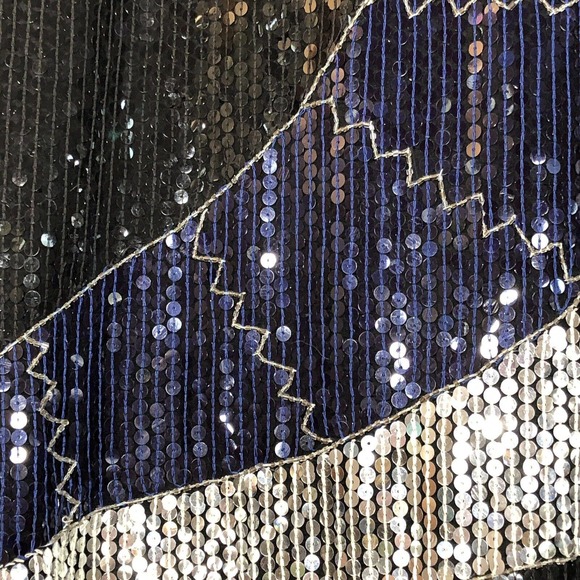 Vintage JLB Silk Sequin Blouse Size Medium Black Silver Blue Top 80s Eras Tour - Picture 3 of 7